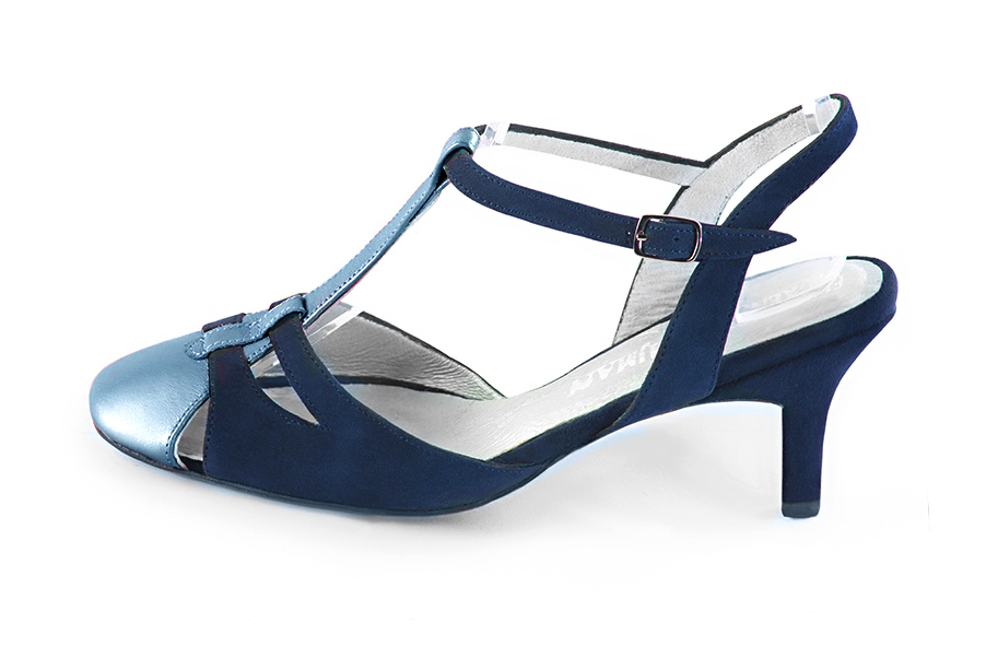 Peacock blue women's open back T-strap shoes. Round toe. Medium slim heel. Profile view - Florence KOOIJMAN